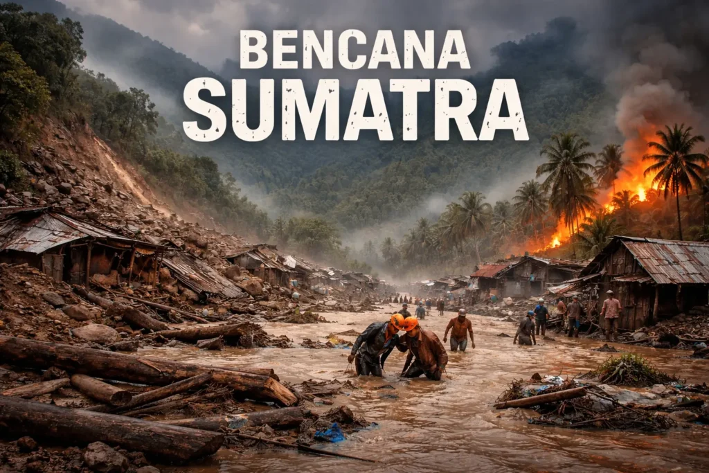 Bencana di Sumatra bukan sekadar peristiwa alam. Ia lahir dari benturan hujan ekstrem, hutan yang hilang, tata ruang yang diabaikan, dan kebijakan yang terlambat belajar. Saat air meluap dan tanah runtuh, yang ambruk bukan hanya rumah tetapi juga kegagalan pengelolaan lingkungan yang dibiarkan terlalu lama. (Gambar dibuat oleh AI)
