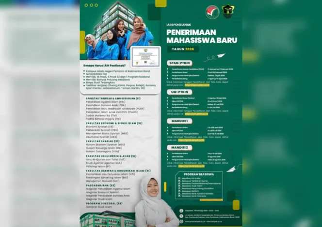 
 Penerimaan Mahasiswa Baru (PMB) Tahun Akademik 2026 yang dibuka melalui jalur SPAN-PTKIN, UM-PTKIN, dan Mandiri dengan dukungan berbagai program beasiswa nasional.