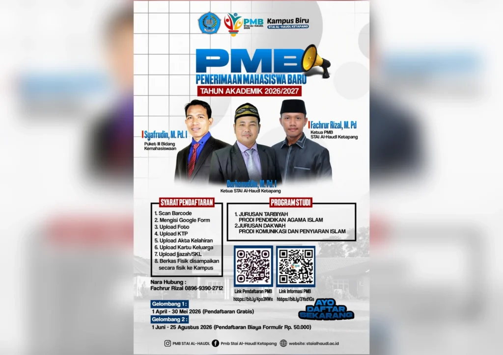 PMB STAI Al-Haudl Ketapang Tahun Akademik 2026/2027 resmi dibuka. Kampus Islam dengan Prodi PAI dan KPI terakreditasi B ini membuka kesempatan bagi lulusan SMA/SMK/MA sederajat untuk melanjutkan pendidikan tinggi berbasis keislaman. Tersedia beasiswa Tahfidz 10–30 Juz, jalur undangan tanpa tes, serta pendaftaran gratis Gelombang I.