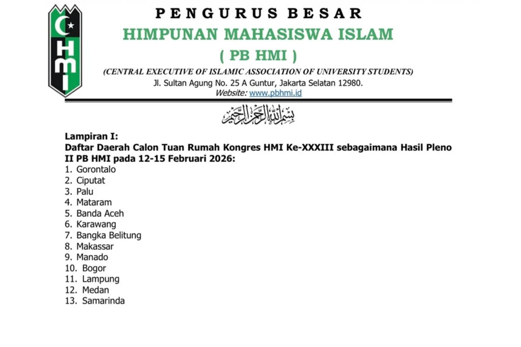 Pengurus Besar HMI mengumumkan daerah calon tuan rumah Kongres HMI 2026