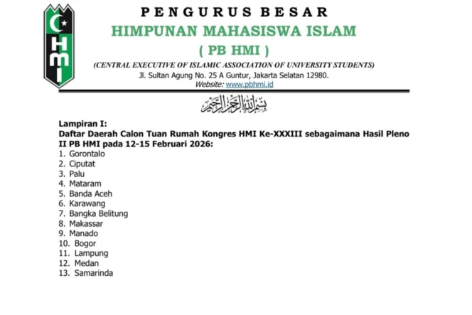 
 PB HMI Umumkan 13 Daerah Calon Tuan Rumah Kongres HMI ke-XXXIII