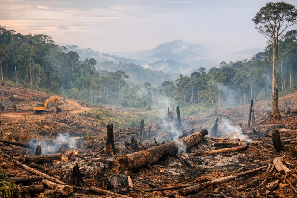 Gambaran krisis lingkungan global akibat deforestasi dan perubahan ekosistem alami