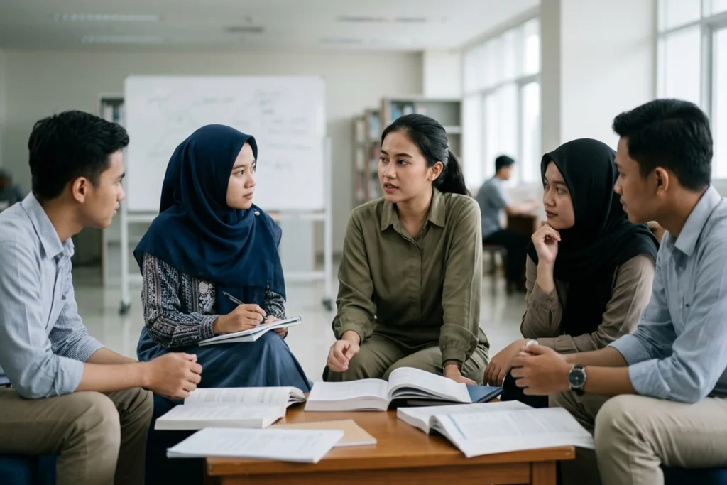 Guru mengajar di kelas sambil membangun interaksi dan peran guru pendidikan