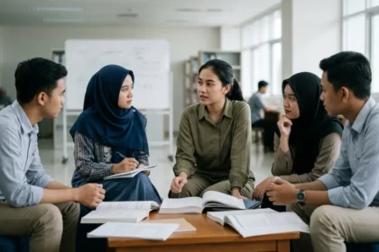 Guru mengajar di kelas sambil membangun interaksi dan peran guru pendidikan