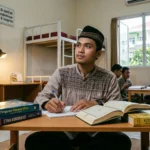 Sekumpulan mahasiswa sedang berdiskusi secara kolektif di dalam gedung ma'had mahasiswa untuk penguatan karakter dan etika.