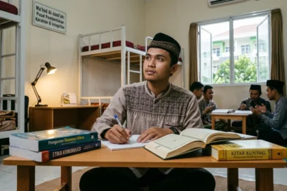 Sekumpulan mahasiswa sedang berdiskusi secara kolektif di dalam gedung ma'had mahasiswa untuk penguatan karakter dan etika.