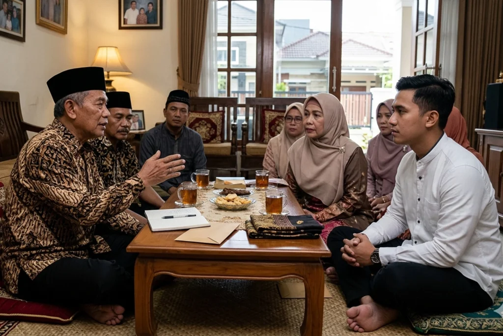 Suasana diskusi keluarga dalam proses kesepakatan uang panai sebagai simbol penghormatan budaya pernikahan Bugis Makassar.