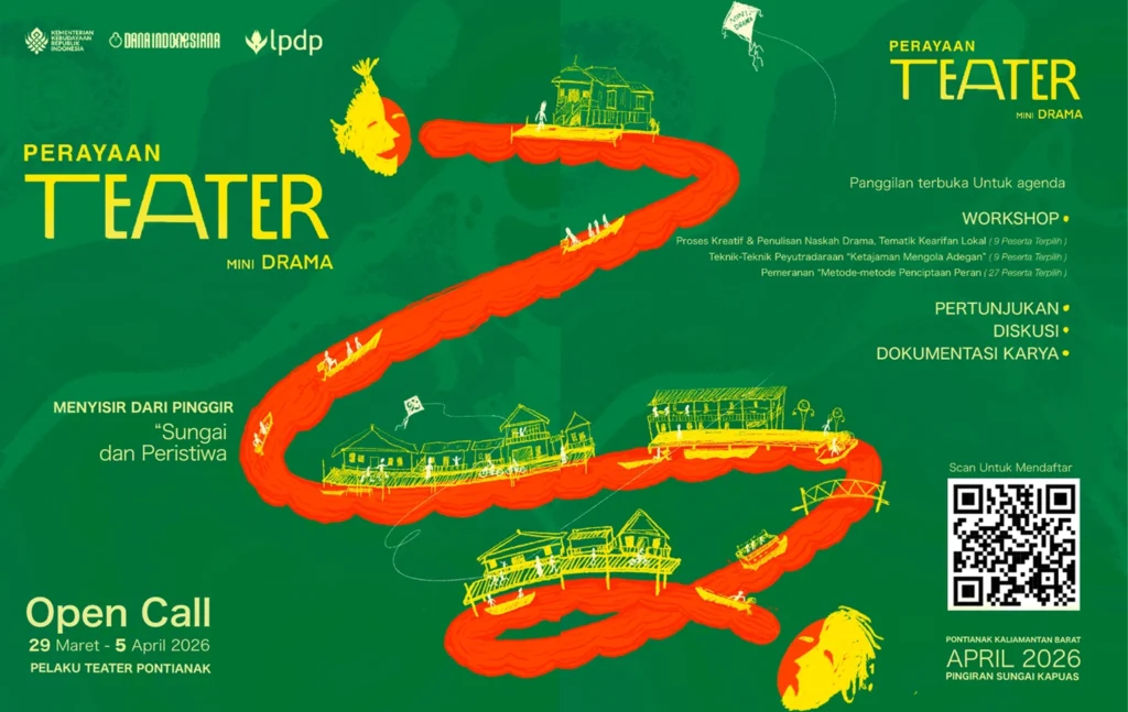 Poster perayaan teater Pontianak dengan tema sungai dan kegiatan mini drama