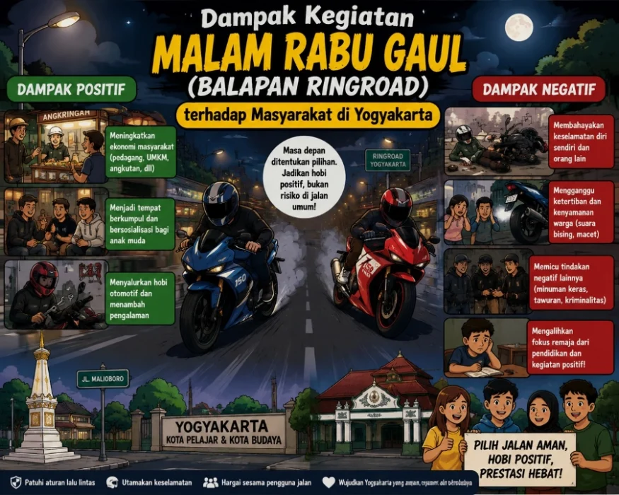 Kerumunan remaja dan sepeda motor saat balapan liar ringroad di Yogyakarta malam hari