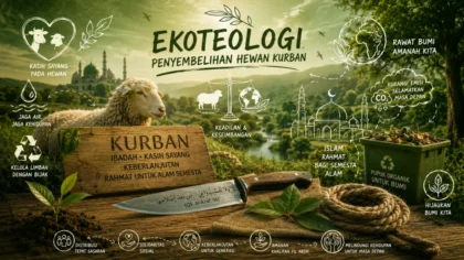 Ilustrasi ekoteologi kurban dengan simbol hewan, alam, dan keberlanjutan
