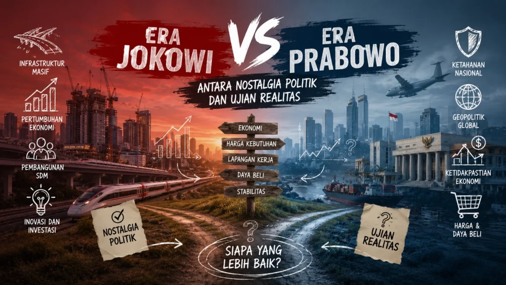 Ilustrasi perbandingan Era Jokowi Prabowo dengan simbol dinamika politik modern