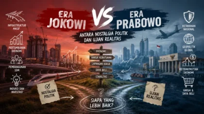 Ilustrasi perbandingan Era Jokowi Prabowo dengan simbol dinamika politik modern