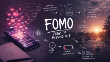 Ilustrasi smartphone dengan notifikasi media sosial menggambarkan fenomena FOMO digital di era modern