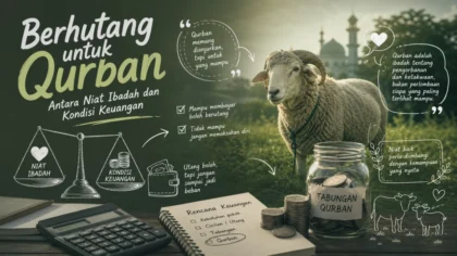Ilustrasi timbangan keuangan dan simbol ibadah untuk analisis hukum utang untuk qurban Iduladha.