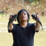 Relawan menangkap ikan sapu-sapu di Sungai Ciliwung dengan latar air keruh Jakarta