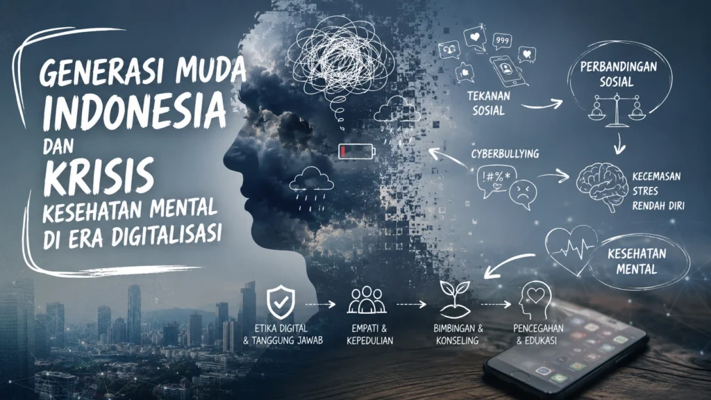 Ilustrasi tekanan media sosial terhadap kesehatan mental digital generasi muda Indonesia