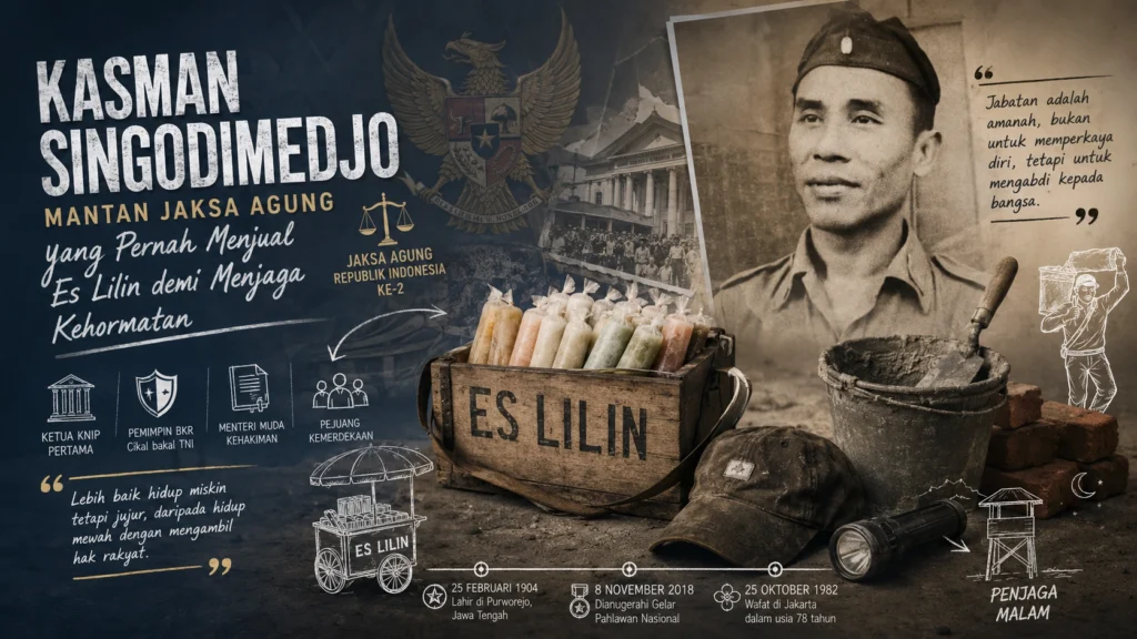 Ilustrasi potret monokrom sejarah perjuangan untuk mengulas kisah Kasman Singodimedjo mantan Jaksa Agung RI yang jujur.