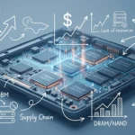 Ilustrasi krisis memori global dengan chip DRAM, SSD, dan pusat semikonduktor Taiwan