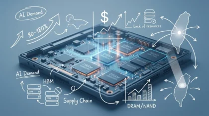 Ilustrasi krisis memori global dengan chip DRAM, SSD, dan pusat semikonduktor Taiwan