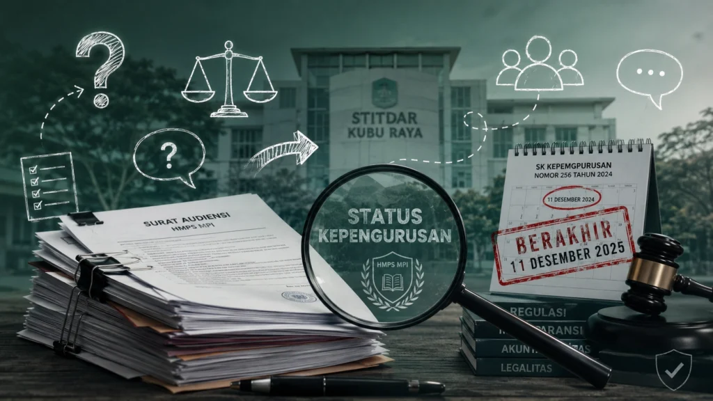 Poster analisis visual menunjukkan tumpukan surat audiensi HMPS MPI dengan kaca pembesar pada teks "STATUS KEPENGURUSAN", kalender meja bertanda merah "BERAKHIR 11 DESEMBER 2025", dan palu hakim di depan bangunan STITDAR KUBU RAYA, yang menggambarkan tinjauan legalitas dan kepatuhan regulasi administrasi organisasi mahasiswa.