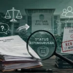 Poster analisis visual menunjukkan tumpukan surat audiensi HMPS MPI dengan kaca pembesar pada teks "STATUS KEPENGURUSAN", kalender meja bertanda merah "BERAKHIR 11 DESEMBER 2025", dan palu hakim di depan bangunan STITDAR KUBU RAYA, yang menggambarkan tinjauan legalitas dan kepatuhan regulasi administrasi organisasi mahasiswa.