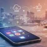 Smartphone menampilkan aplikasi media sosial dengan ilustrasi ikon chat, like, dan koneksi digital di latar peta dunia
