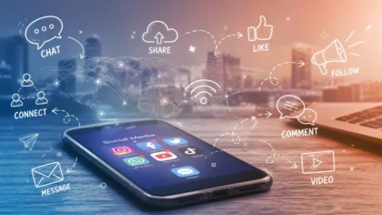 Smartphone menampilkan aplikasi media sosial dengan ilustrasi ikon chat, like, dan koneksi digital di latar peta dunia