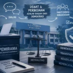 Ilustrasi Pemirama STITDAR dengan simbol demokrasi, netralitas, dan partisipasi mahasiswa