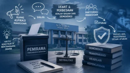Ilustrasi Pemirama STITDAR dengan simbol demokrasi, netralitas, dan partisipasi mahasiswa