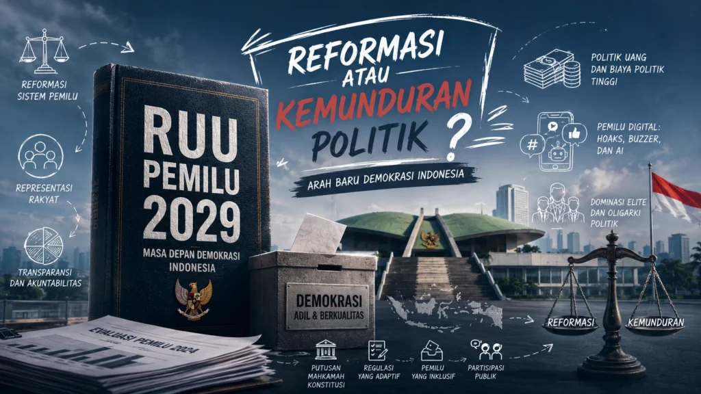 Ilustrasi revisi RUU Pemilu 2029 dengan simbol demokrasi dan sistem politik Indonesia