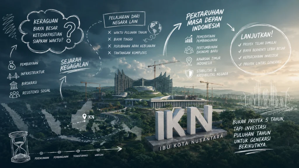 Ilustrasi gedung pemerintahan di Ibu Kota Nusantara untuk analisis masa depan IKN.