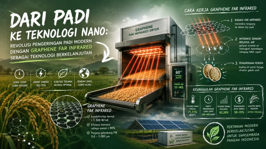 Ilustrasi sistem teknologi pengeringan padi berbasis Graphene Far Infrared modern