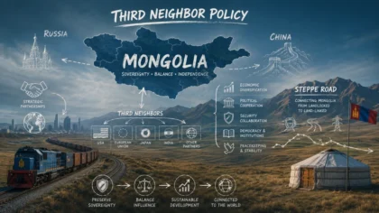 Ilustrasi geopolitik Mongolia dalam strategi Third Neighbor Policy menghadapi pengaruh BRI China