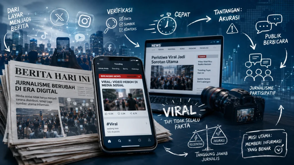 Ilustrasi aktivitas redaksi memantau tren jurnalisme digital melalui layar gawai dan data pergerakan media sosial