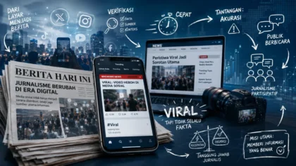 Ilustrasi aktivitas redaksi memantau tren jurnalisme digital melalui layar gawai dan data pergerakan media sosial