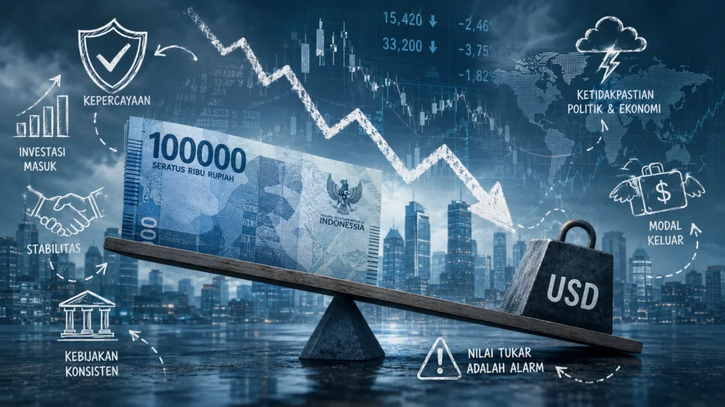 Grafik fluktuasi pergerakan nilai tukar rupiah terhadap dolar di layar monitor bursa efek sebagai indikator ekonomi.