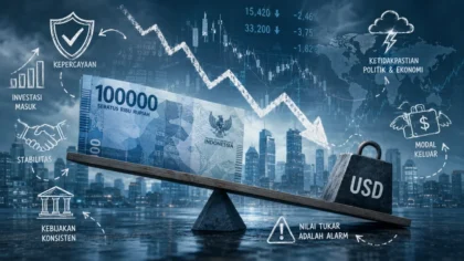 Grafik fluktuasi pergerakan nilai tukar rupiah terhadap dolar di layar monitor bursa efek sebagai indikator ekonomi.