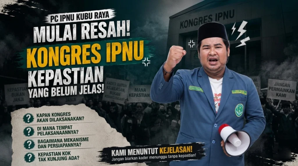 Ketua PC IPNU Kubu Raya membawa megafon menuntut kepastian pelaksanaan Kongres IPNU melalui poster pernyataan sikap.