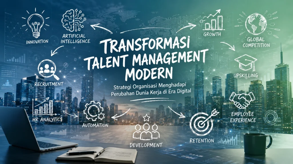 Ilustrasi transformasi talent management modern melalui AI, HR analytics, dan strategi pengembangan SDM digital.