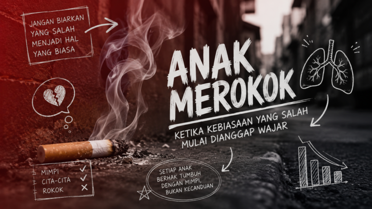 Ilustrasi siswa sekolah dari berbagai jenjang yang menunjukkan fenomena anak merokok di lingkungan sekitar.