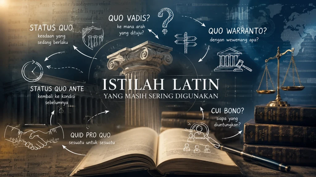 Ilustrasi kumpulan frasa istilah latin yang masih digunakan dalam hukum, politik, dan akademik.