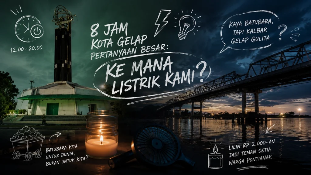 Ilustrasi kondisi mati lampu Pontianak dengan lampu minyak dan simbol krisis energi daerah.