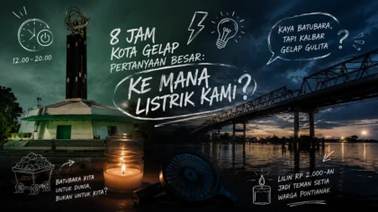 Ilustrasi kondisi mati lampu Pontianak dengan lampu minyak dan simbol krisis energi daerah.