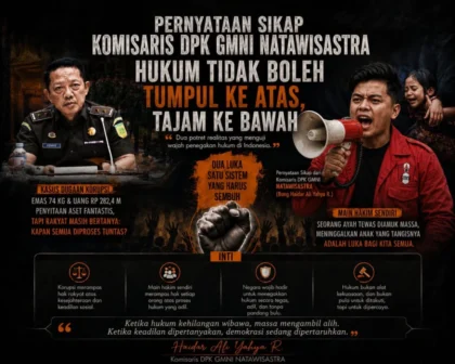 Komisaris DPK GMNI Natawisastra menyampaikan pernyataan tentang penegakan hukum yang adil dan setara bagi seluruh warga negara.