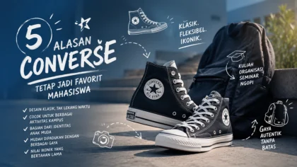 Sepasang sepatu Converse hitam bergaya klasik untuk sepatu Converse mahasiswa dengan ilustrasi ikon aktivitas kampus.