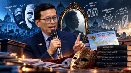 Andi Azwan berbicara menggunakan mikrofon dalam ilustrasi editorial tentang dramaturgi identitas dan representasi publik.