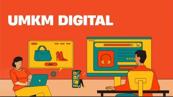 Ilustrasi UMKM digital yang memanfaatkan teknologi untuk pemasaran dan transaksi online copy