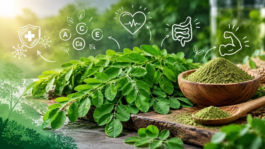 Manfaat daun kelor bagi kesehatan dengan kandungan nutrisi alami dan senyawa antioksidan.