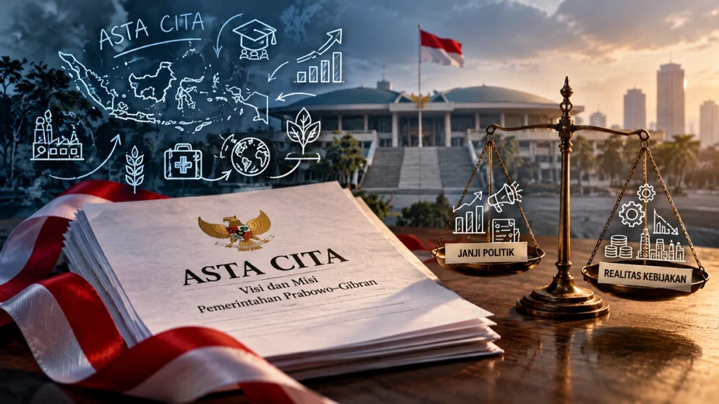 Ilustrasi dokumen kebijakan dan simbol pemerintahan yang menggambarkan Asta Cita Prabowo dalam pelaksanaan program nasional