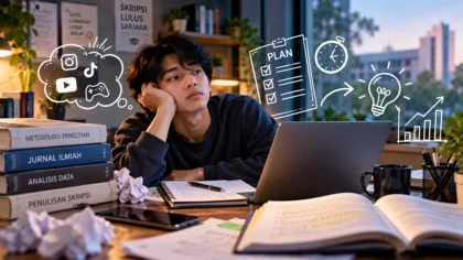 Mahasiswa mengerjakan skripsi di depan laptop dengan buku referensi dan catatan penelitian di meja.